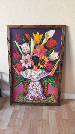Framed Mexican Folk Art Floral Painting