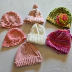 Lot of 7 Girls 3-6 Months Knitted Baby Hats with Flower Beanies