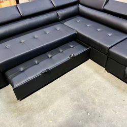 New! Contemporary Sectional Sofa, Black Sectional, Black Sectional Sofa With Pull Out Bed, Faux Leather Sectional Sofa Bed, Sofabed, Sleeper Sofa