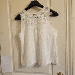 NWT LUCKY BRAND White White Embroidered Lace Yoke Sleeveless Top Shirt Sz L