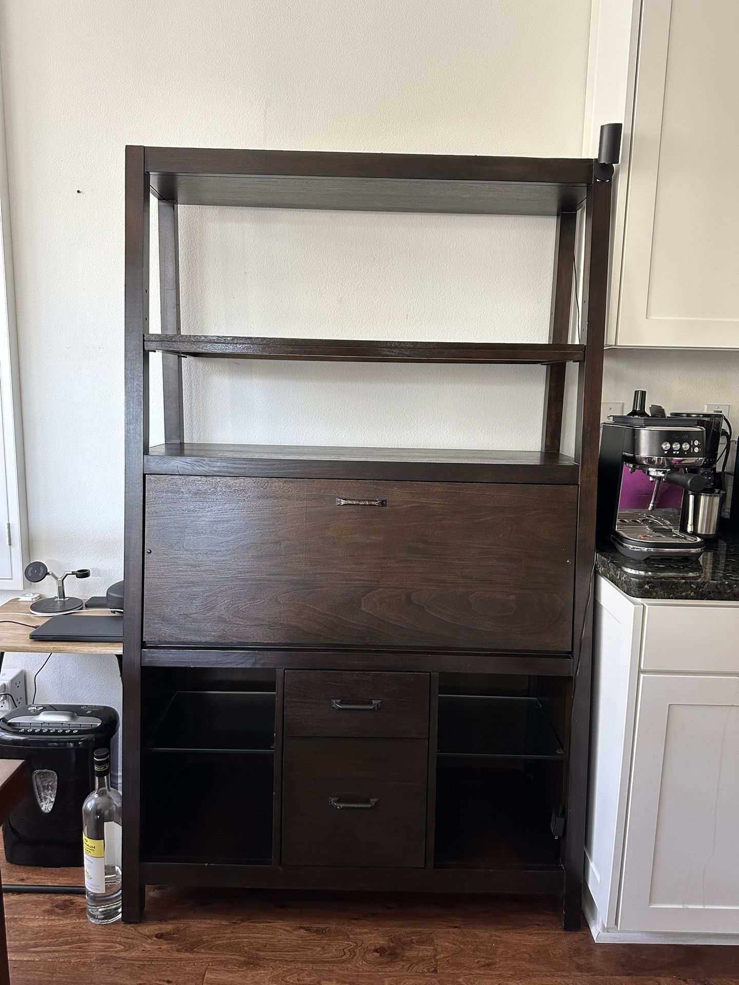Modern Bar Cabinet / Hutch with Drop-Down Desk - Dark Wood Finish