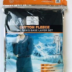 2XL Men’s Thermal Winter Cotton Fleece Crew neck Top+Bottom 2 PC Set Black
