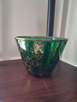 Green Glass Bowl with Gold Speckle Detail