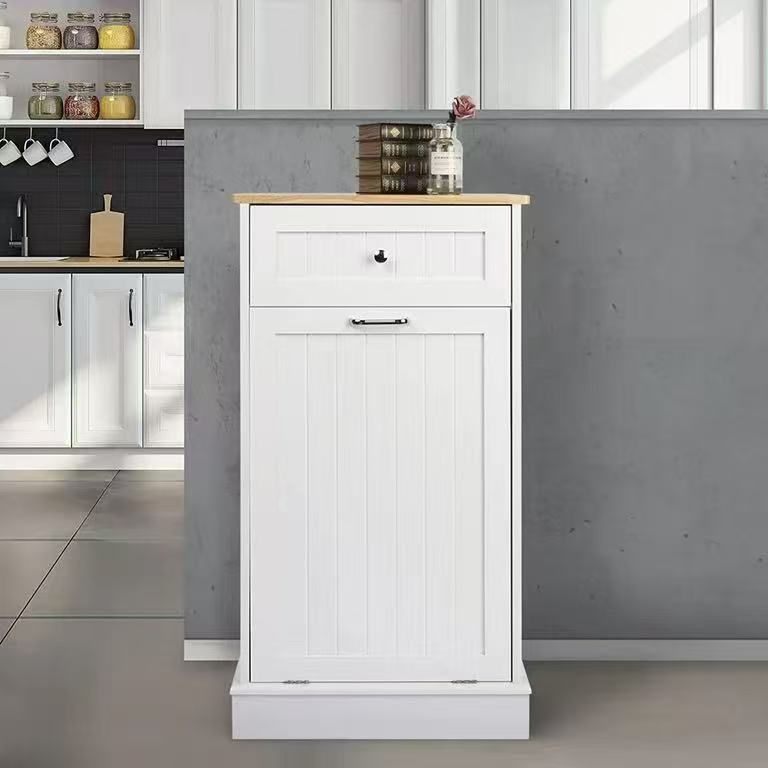 Kitchen Single Trash Cabinet Tilt Out Free Standing Storage Can with Hideaway Drawer and Countertop, Wood, white $50