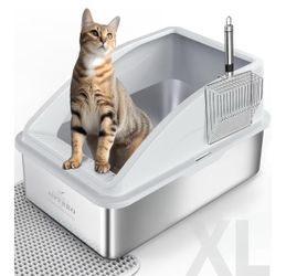 New Stainless Steel Litter Box | XL Enclosed Cat Litter Boxes with Lid for Big Cats | High Sided, Anti-Urine Leakage | Non-Stick Bottom & Includes Lit
