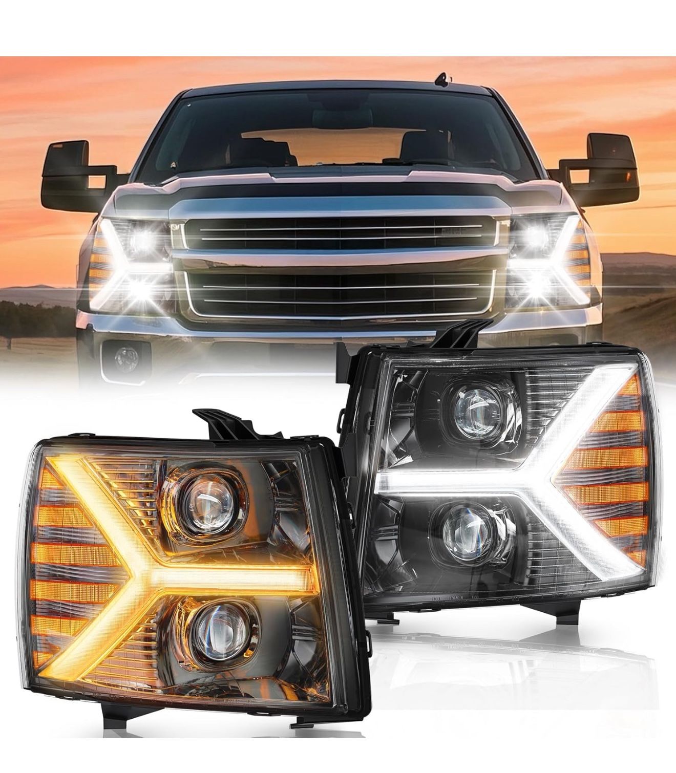 Front light Kit for Chevy Silverado 1 HD 3500 HD 2007-2013, Truck Light Kit with DRL Turn Signal & Clear Lens, Anti-Glare & Wateproof Front La