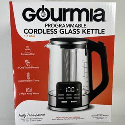 Gourmia Programmable Cordless Glass Kettle - 1.7L, Touchscreen, Tea Infuser