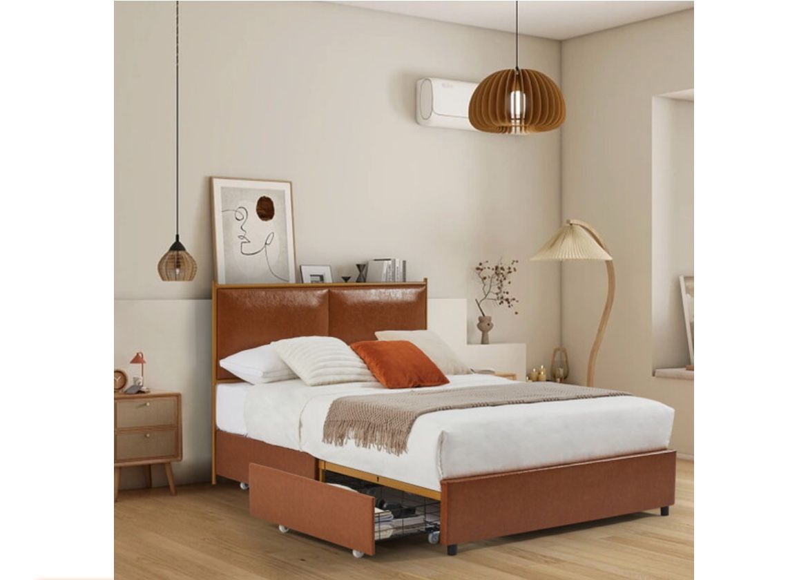 Brand new PU leather Queen size bed metal frame solid wood ribs with 4 drawers