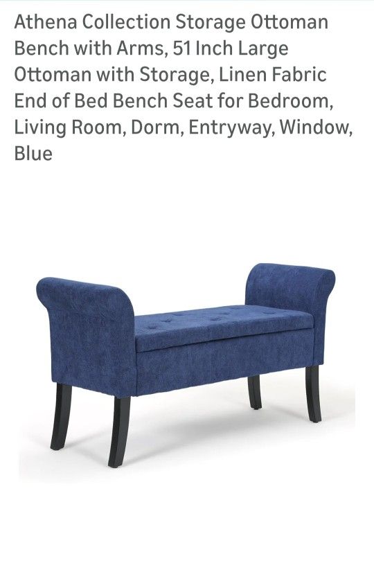 Storage Ottoman Bench With Arms, 51 Inch Large Ottoman With Storage, Linen Fabric End Of Bed Bench Seat For Bedroom 