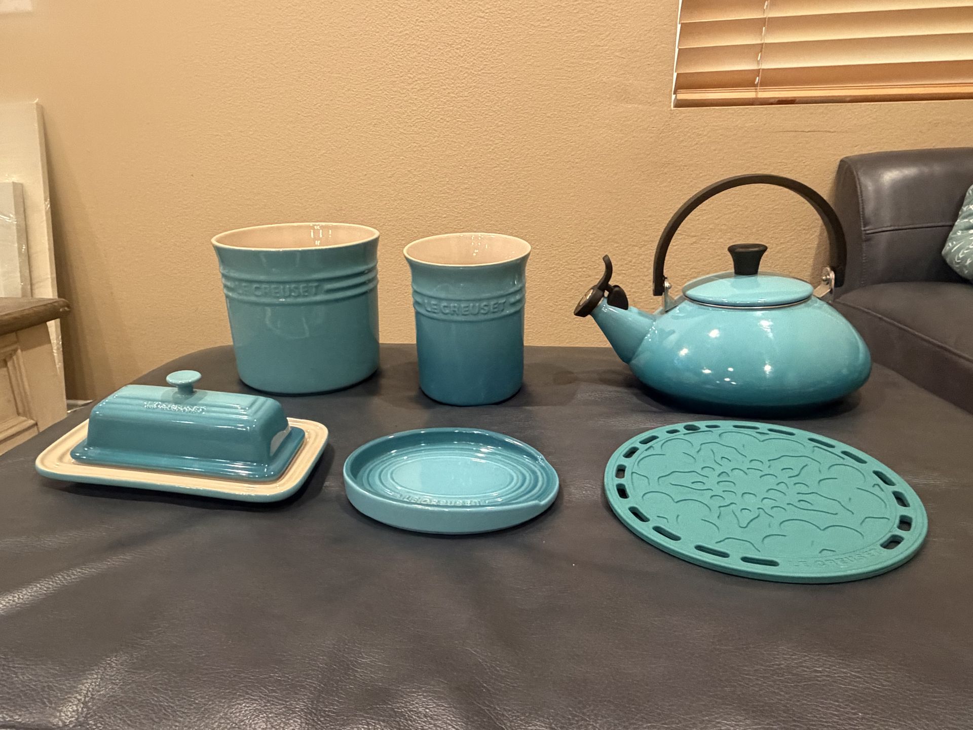 Le Creuset 6-Piece Caribbean Kitchen Set – Teakettle, Crock, Butter Dish, Trivet + Spoon Rest