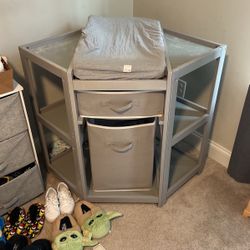 Badger Basket Corner Diaper Changing Table with Laundry Hamper, Storage Bin, and Contoured Pad for Baby - Gray