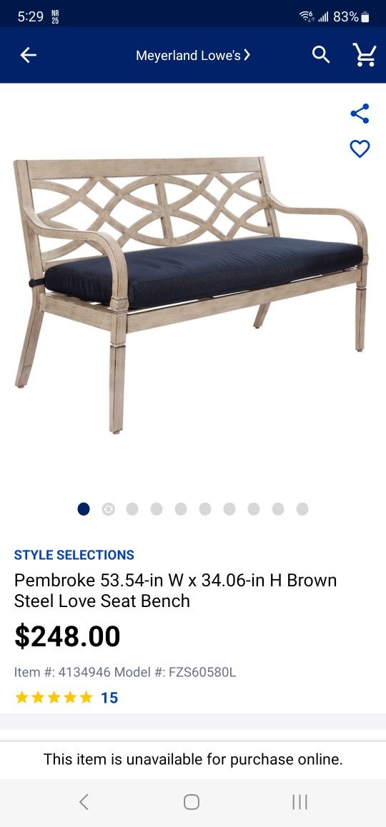 Lowe's Pembroke Bench (2) W/Extra Cushions