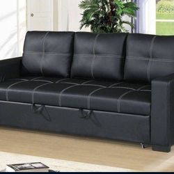 Brand New Black Leather Sofa w Convertible Pull Out Bed