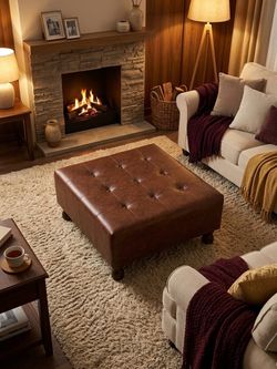 Brown Leather Tufted Square Ottoman 32x32