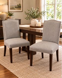 Set of 2 Upholstered Dining Chairs – Gray with Nailhead Trim
