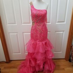 One Strap Long Ruffled Sequined Pink Fuschia Dress Size 8