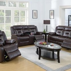 Brand New Brown Gel Leather Manual Reclining 3PCs Sofa Set