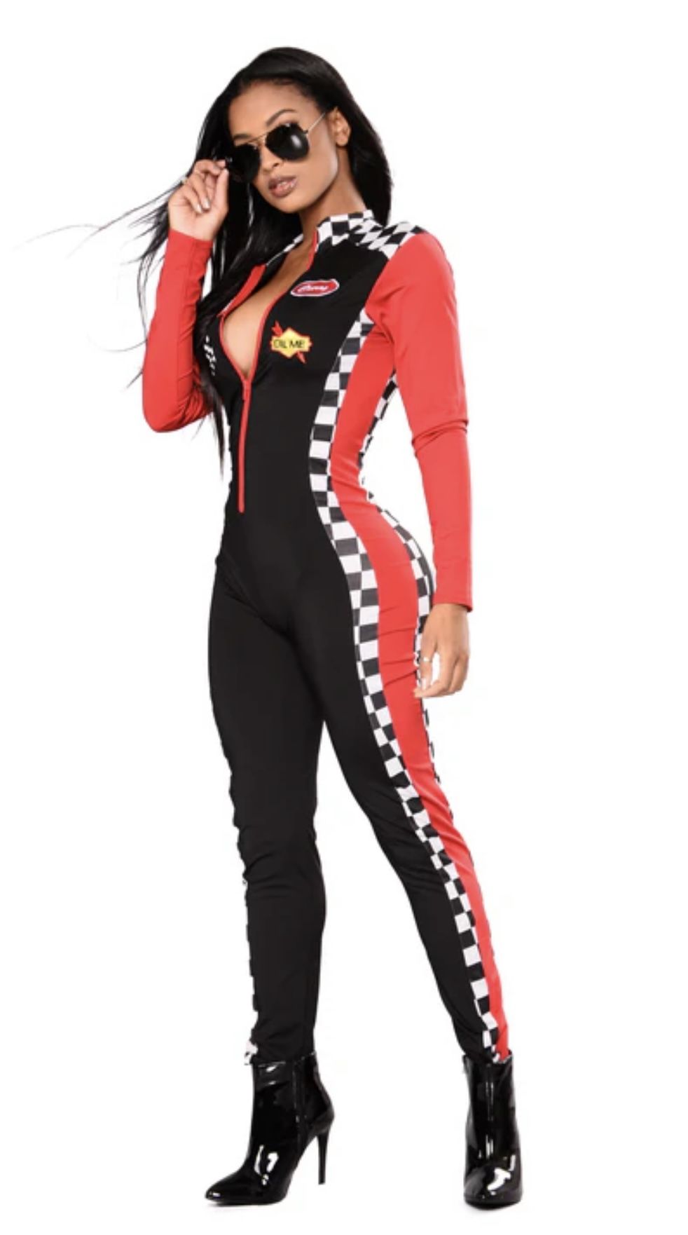 Women Racer Costume Long Sleeve Zipped Patchwork Jumpsuit Slim fit motorcycle Romper Halloween Cosplay Costume