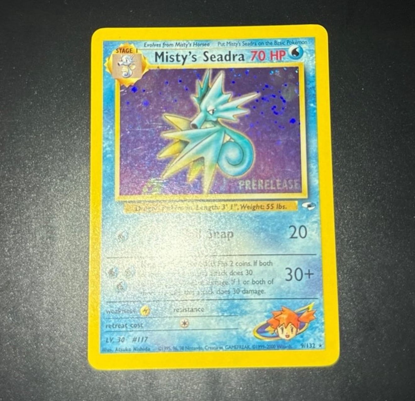 Misty’s Seadra Pre-Release Gym Hero’s 9/132 Rare year 2000 Holofoil Rare WOTC Hp