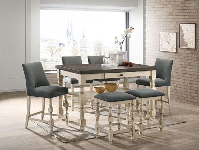 FARMHOUSE VINTAGE IVORY / GRAY FINISH 7 PIECE TABLE SET MESA SILLAS ALTA