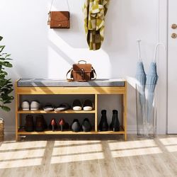 Shoes Bench with Cushioned Seat, Entryway Shoes Rack Bed End Stool with Storage Shelves, Natural (up to 7 Shoes)