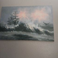 Canvass Dramatic Seascape Large Masted Ship In Turbulent Waters