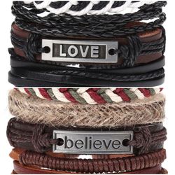 2 x Set Adjust. Size up to 9.5inc Leather Bracelet, (Love-Believe_2)