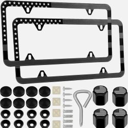 2 American Flag License Plate Frame, Aluminum Alloy Matte Black with tire valve caps