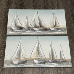 2x Canvas Wall Art Coastal Sail Boat Pictures 12x 23.5