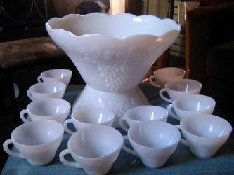 Milk White Punch Bowl Set 14pcs.