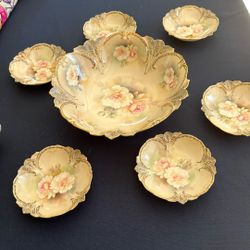 Antique German Fruit Bowl With 6 Dessert Dishes