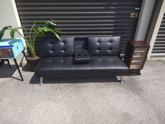 Black Faux Leather Futon Sofa with Cup Holders
