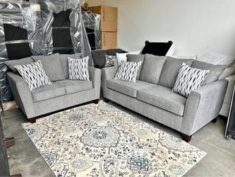💥Brand New Light Grey Fabric Sofa + Loveseat With Pillows • Pay After Delivery 🚚