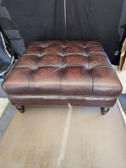 Genuine Brown Leather Tufted Ottoman with Nailhead Trim