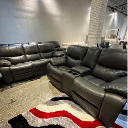 Summer sale event. Madrid, gray leather reclining sofa and loveseat set now $1199. Easy finance option. Same day delivery.