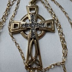 Real 14k Yellow Gold Natural White Round Diamonds Jesus Cross Crucifix Charm Pendant Cable Rolo Chain Necklace 22” Inches Long 1mm Wide
