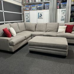 Beautiful Light Gray Living Spaces Sectional Sofa  Couch With Ottoman