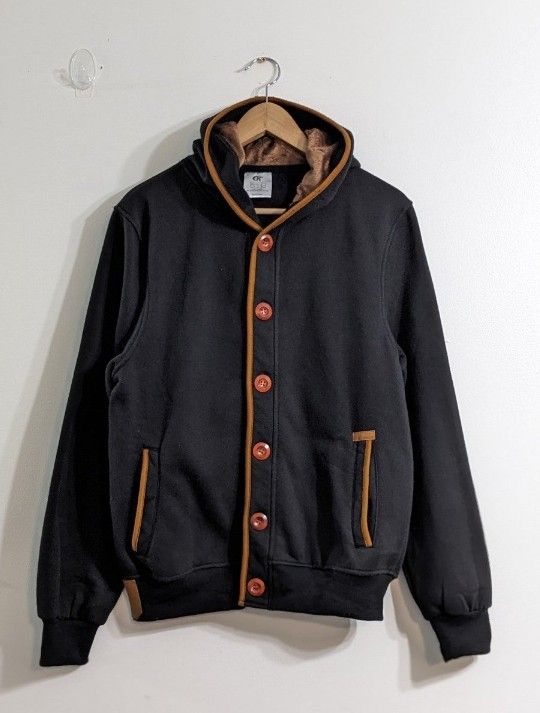 Men's Black & Brown Fleece
Hoodie Button Up Jacket Hooded Sweatshirt, Size Small