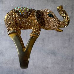Vintage Elephant Cocktail Ring Gold Tone Rhinestone Statement Trunk Up Size