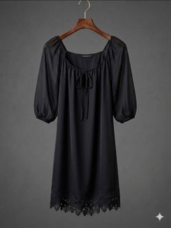 Black Chiffon Mini Dress with Lace Hem
