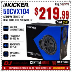 Kicker CVX Series CVX10 Bass Speaker 10" Dual Voice Coil Subwoofer 1200 Watts 50CVX104 🚨 Payment Options Available 🚨 No Credit Needed 🚨