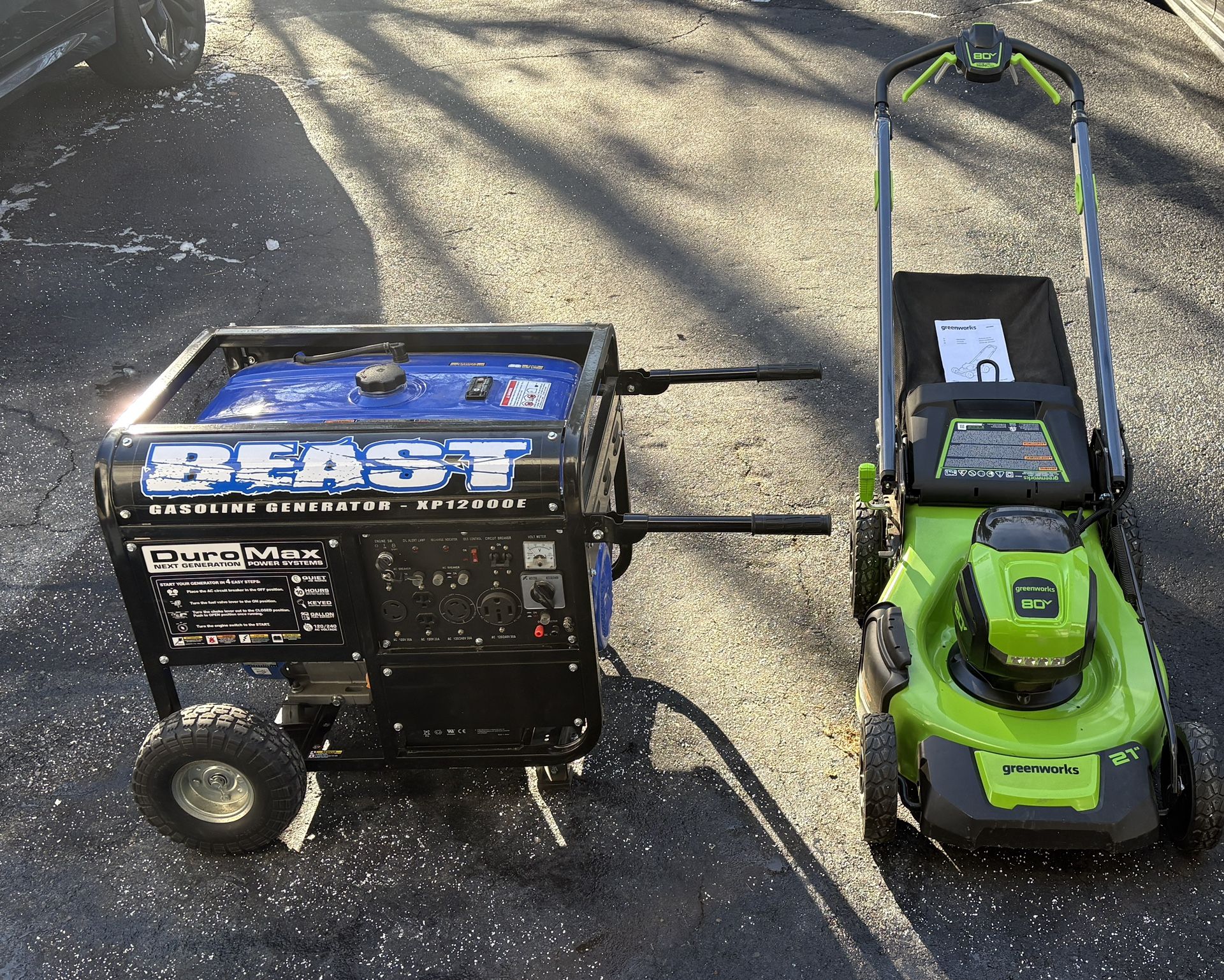 Generator and Greenworks Lawn Mower