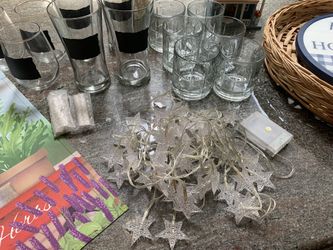 Home Decor Lot , Lamp, Pillows, Glasses Candle, Bird House , String Lights 