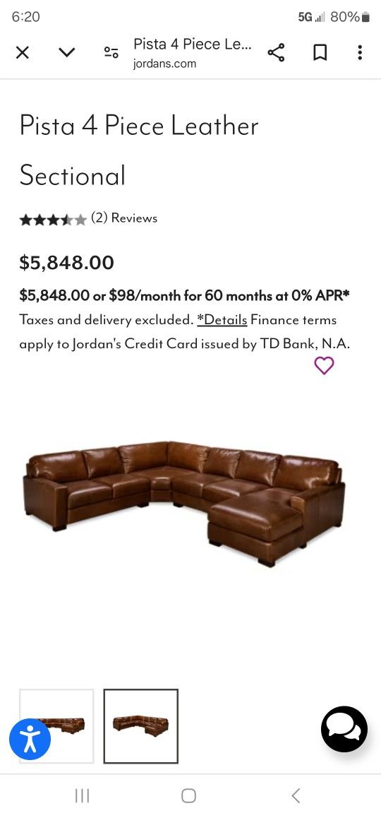 Real Italian Leather SECTIONAL w/ Chaise And Cocktail Ottoman from Jordan's