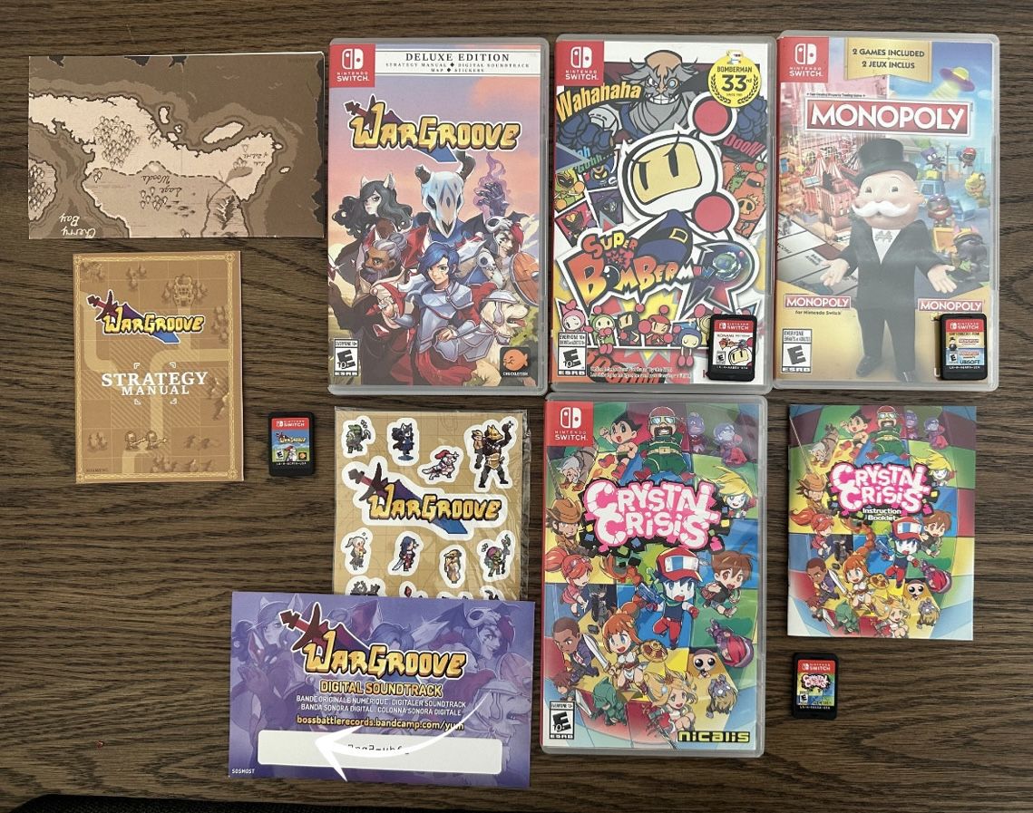 Nintendo Switch Game Lot - Wargroove, Bomberman R, Monopoly, Crystal Crisis