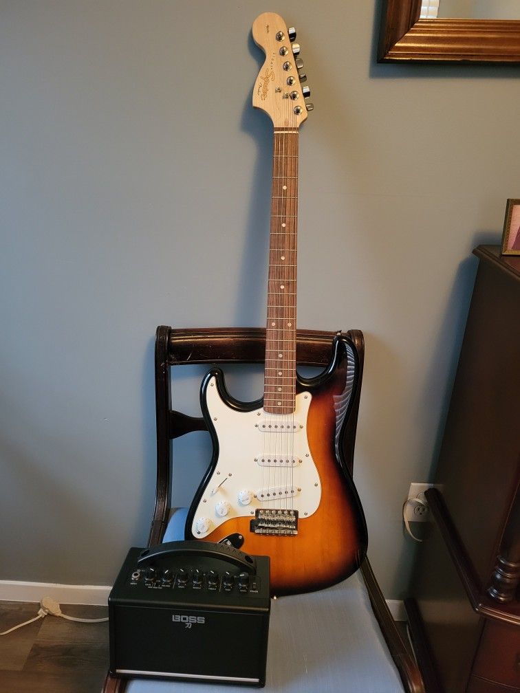 Fender Squier Strat Guitar, With Boss Katana-mini Amplifier