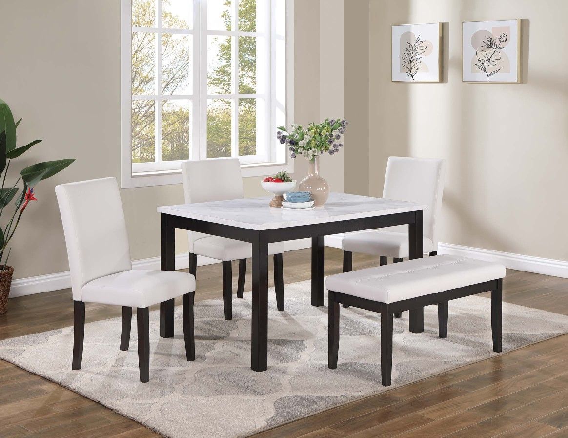 pc dark finish wood faux marble top rectangular dining table set