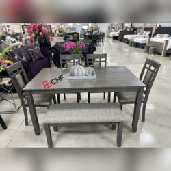Dining table set with 4 chairs and bench included 