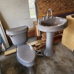 Set Of Kohler  Grey Pedestal Sink With Faucet 26”X20”toilet And Mirror 