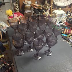 Fostoria Monet Amethyst Crystal Goblets Incl 8- 7 3/8" Water Or Wine & 6- 6.5" Wine, In Beautiful Ribbed Smoke Amethyst-Mint Condition